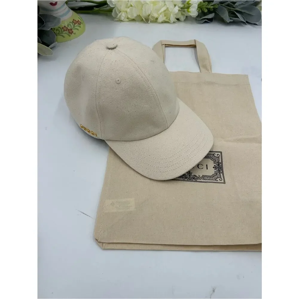 Unisex, Gucci, gold logo Cream Canvas Baseball Cap size XL made in Italy